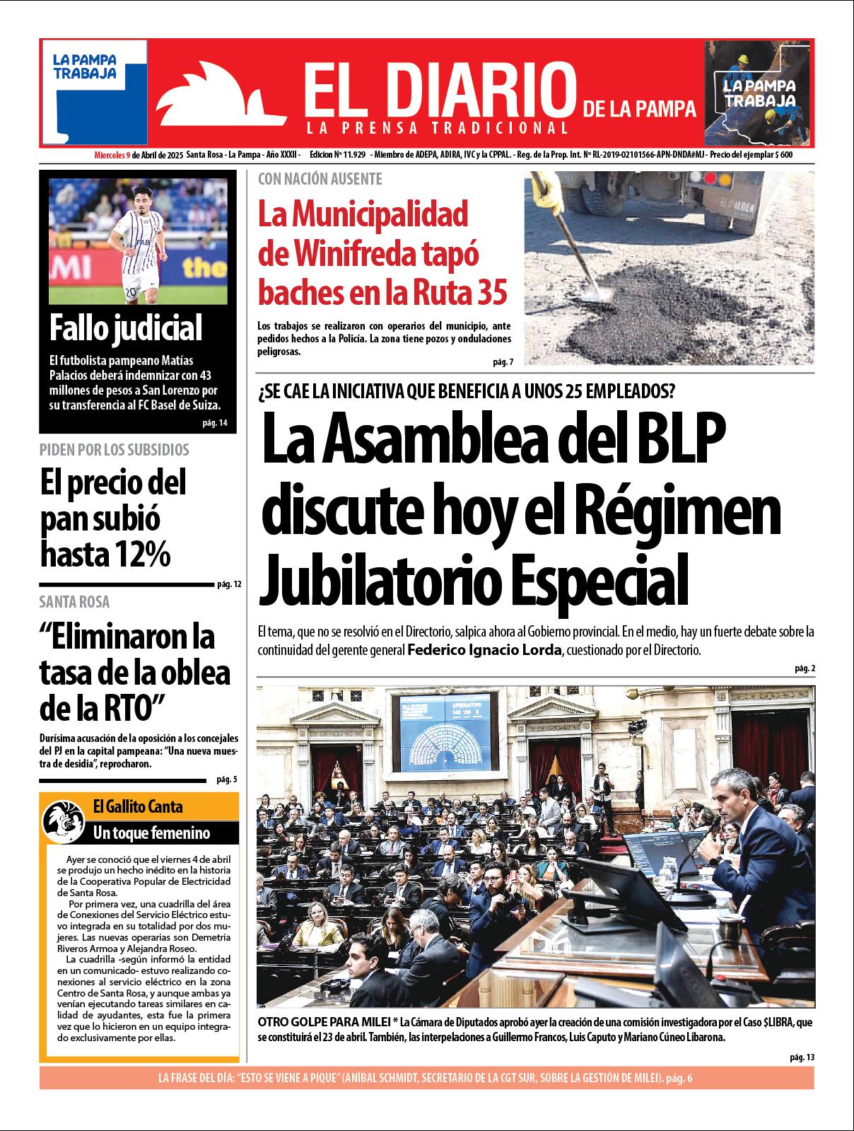 Tapa de El Diario en papel  mieacutercoles 09 de abril de 2025